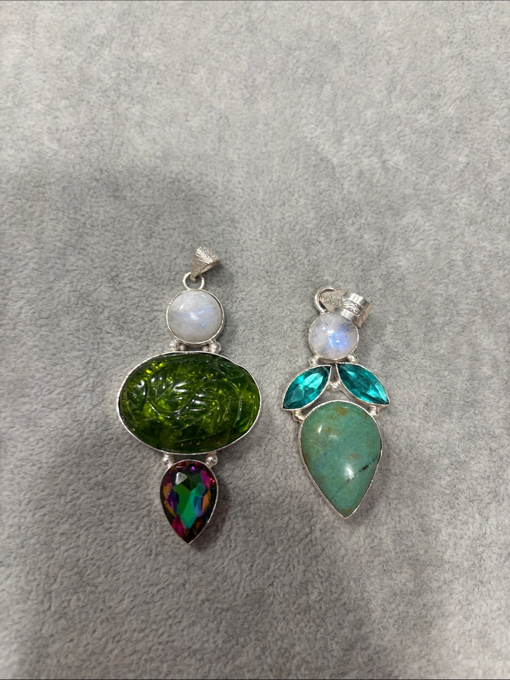 Handmade Silver Pendant with Green Gemstone and Iridescent Accents (set of 2)